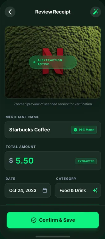 AI review in Simplify Expenses: the fields extracted from the receipt, ready to confirm.