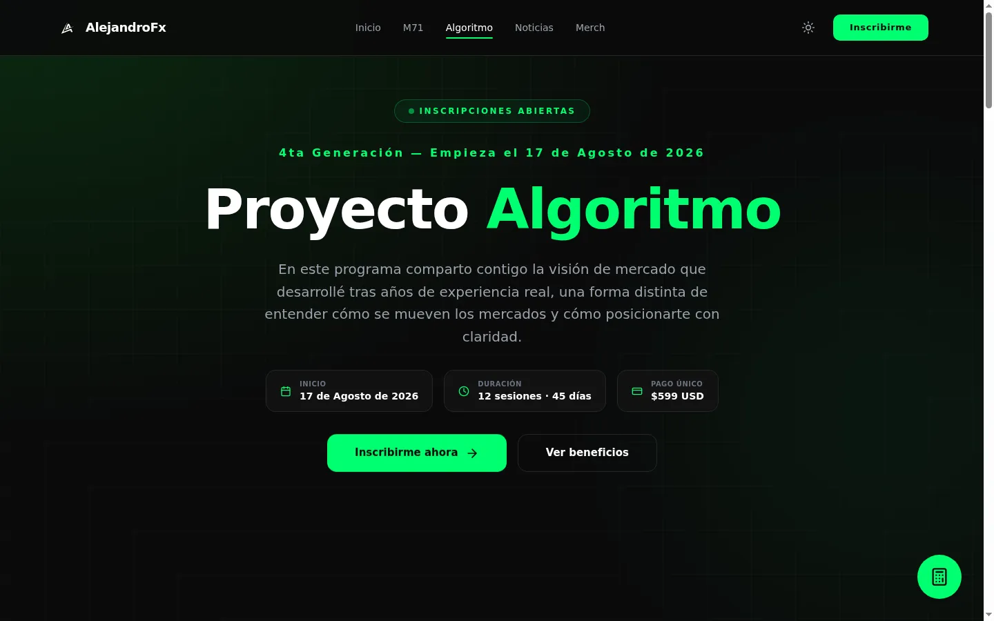AlejandroFx Proyecto Algoritmo page with the program's dates, duration and price.