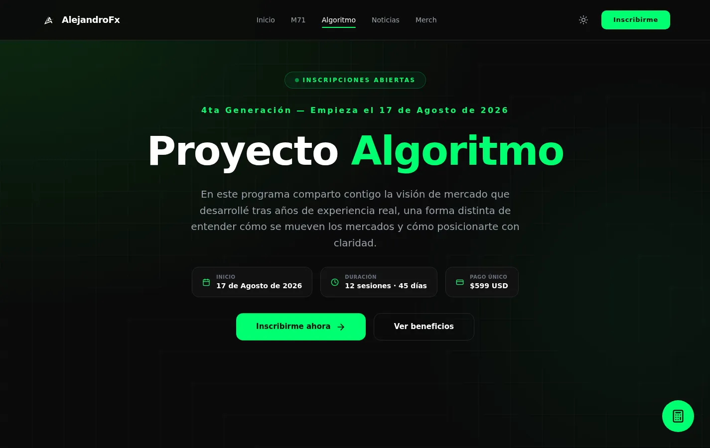 Página de Proyecto Algoritmo de AlejandroFx con las fechas, la duración y el precio del programa.