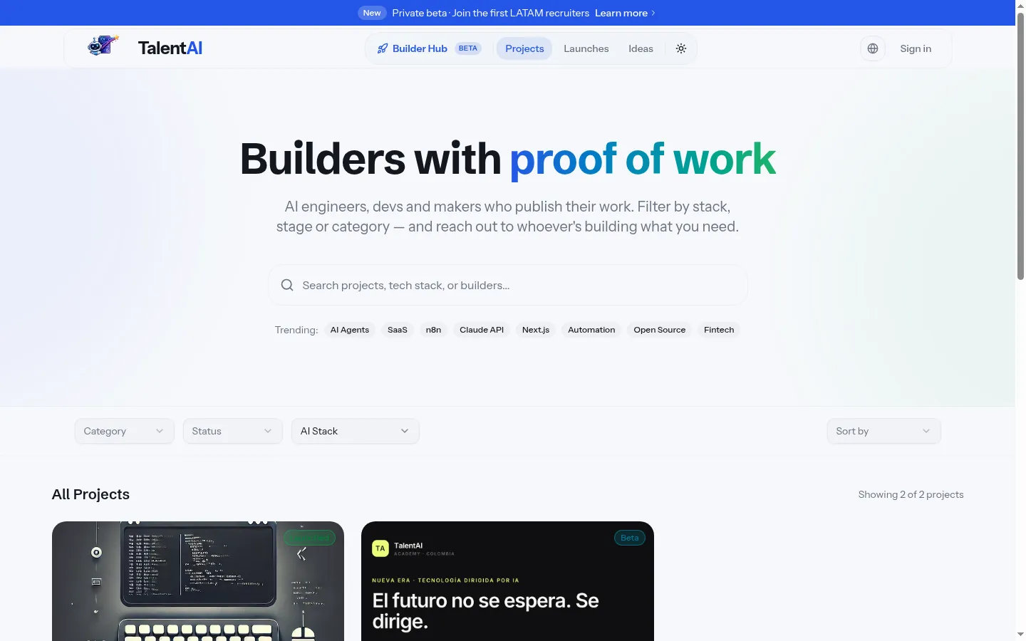 TalentAI Builder Hub: a directory of LATAM builders filterable by stack, category and project status.