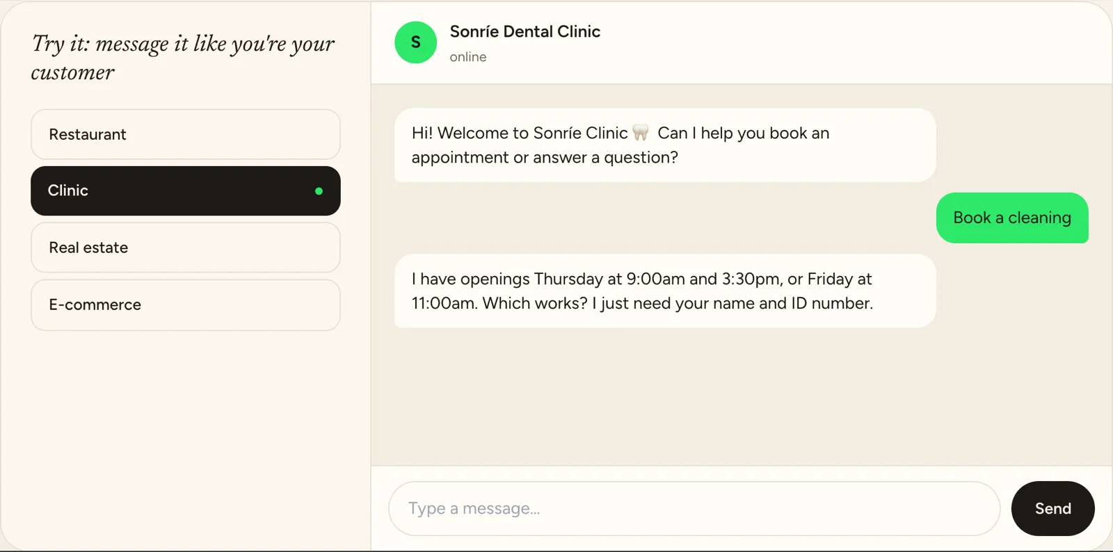 Simplifybot interactive demo: a dental clinic bot offers appointment slots after the customer asks to book a cleaning.