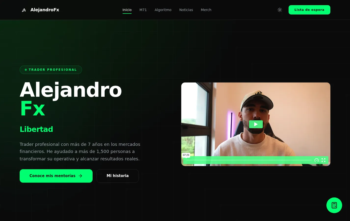 Landing de AlejandroFx con acceso a las mentorías y a la lista de espera.