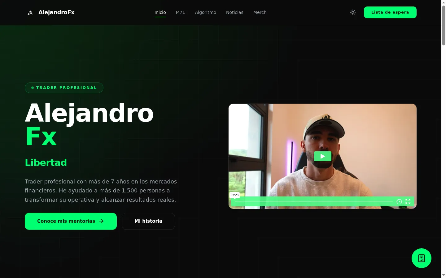 AlejandroFx landing page with access to the mentorships and the waitlist.