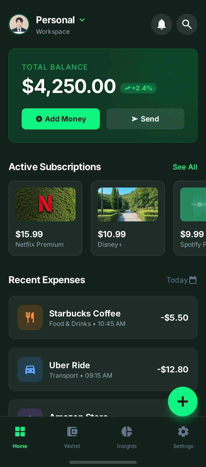 Pantalla de inicio de Simplify Expenses con el balance total, las suscripciones activas y los gastos recientes.