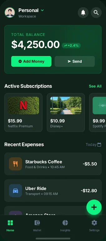 Simplify Expenses home screen with the total balance, active subscriptions and recent expenses.