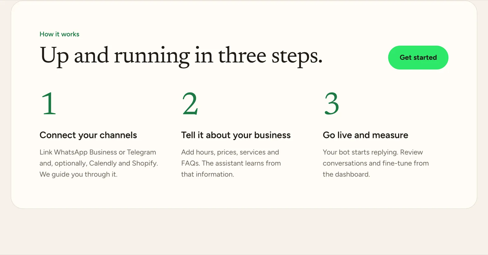 Simplifybot's three onboarding steps: connect your channels, tell it about your business, go live and measure.
