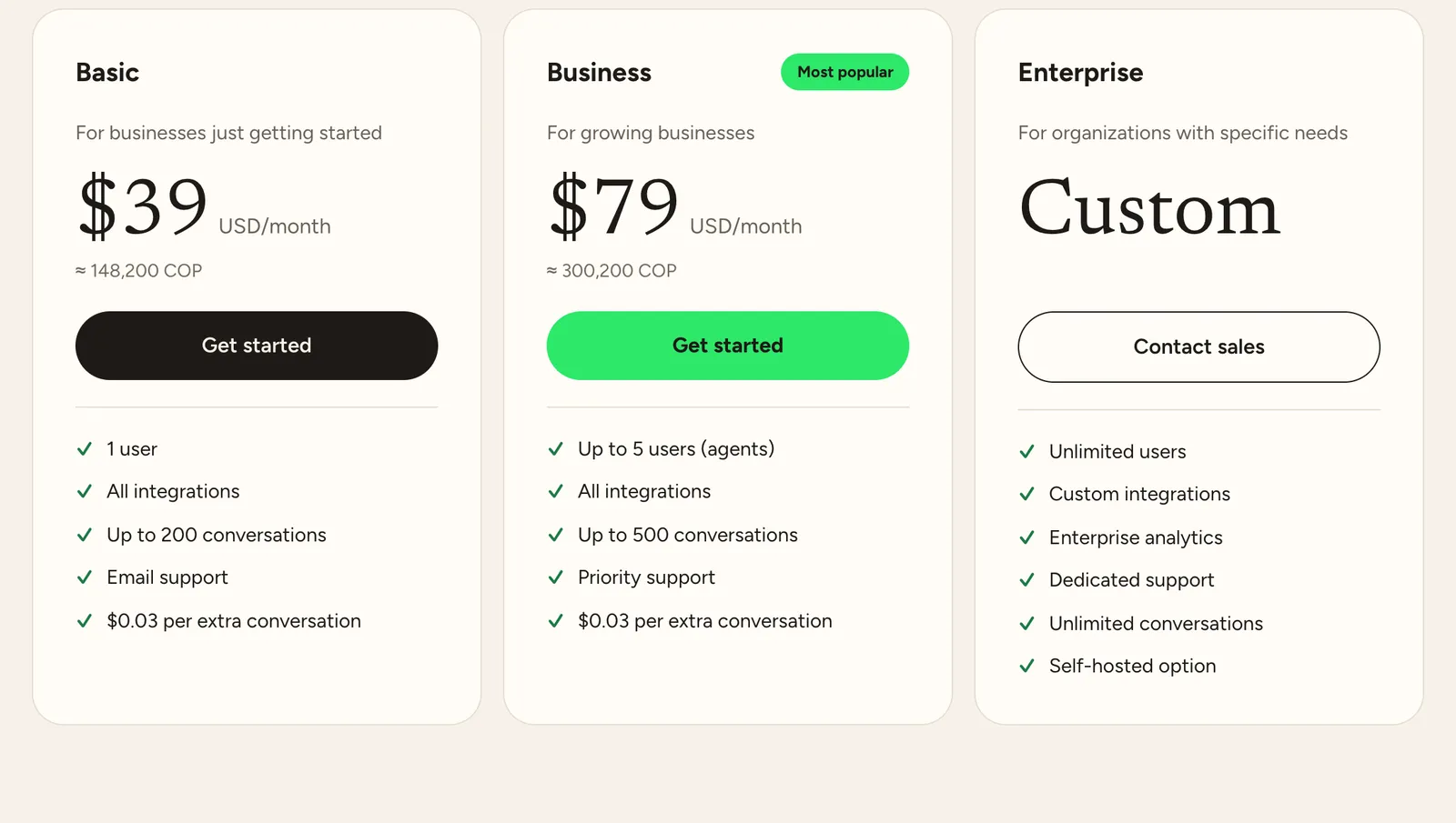 Simplifybot pricing: Basic, Business and Enterprise plans with their users, conversations and support.