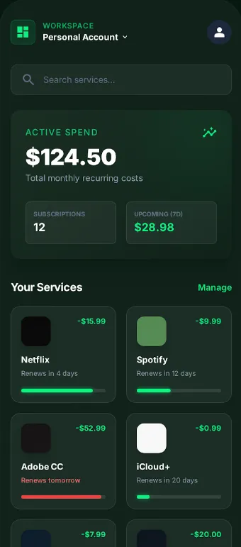 Simplify Expenses subscription manager with active recurring charges and their monthly cost.