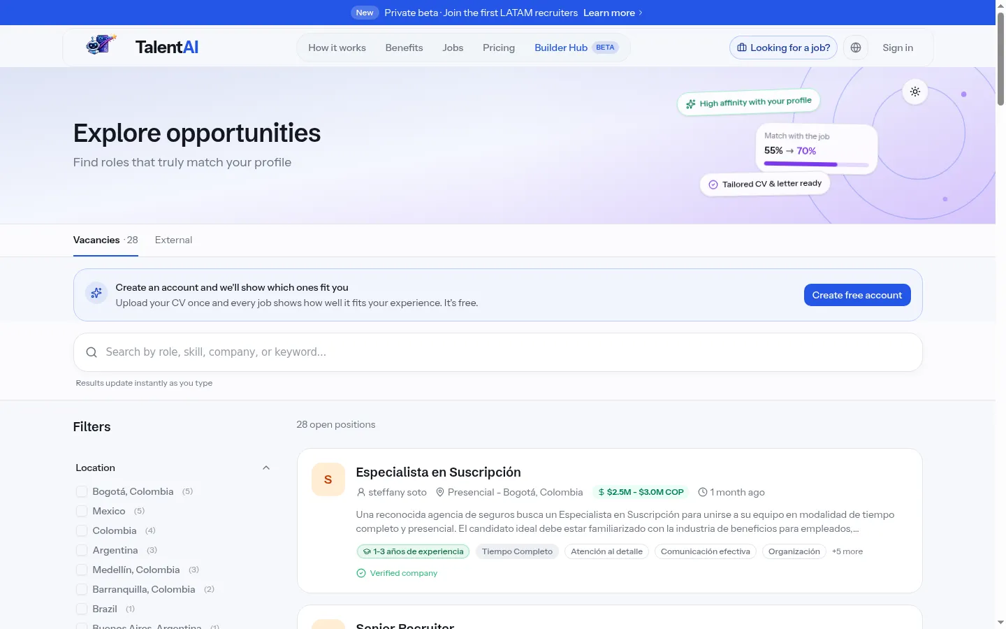 TalentAI job search with location filters and the match percentage between the profile and each opening.